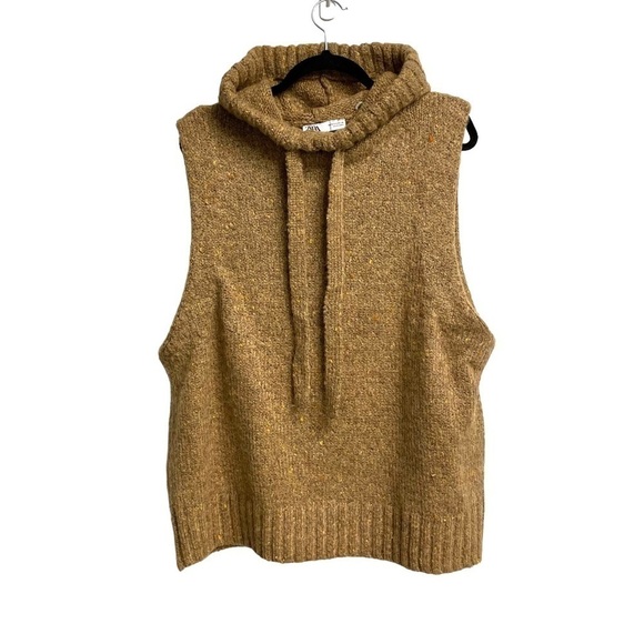 ZARA Oversized Sleeveless Hooded Chunky Knit Sweater Brown Tan M - Picture 2 of 10